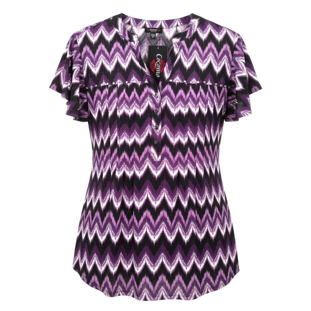 Cocomo Plus Size 2X Purple Geo Print Studded Pintuck Short Fluttered Sleeve Top